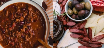 Split image, side by side: on the left, a pot of chili topped with Maui Nui ground venison, kidney beans, and diced onion, a wooden spoon resting in it. On the right, a charcuterie board with venison snack sticks, sliced cheese, a wedge of brie, a bowl of mixed olives, a small jar of jam or chutney with a sprig of rosemary, and a halved pomegranate.