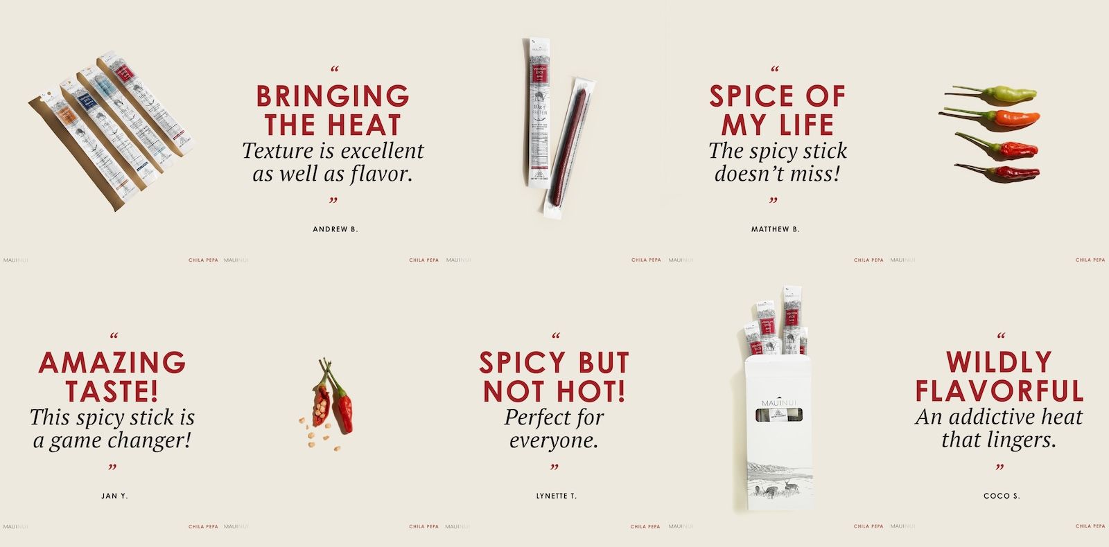 Customer reviews for Maui Nui Venison's Chila Pepa spicy meat stick, with testimonials praising its flavor, heat, and texture alongside product and ingredient photography.