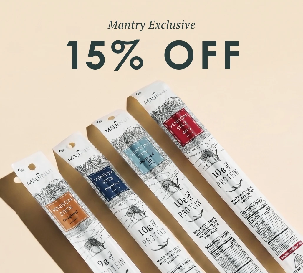 Maui Nui Venison Sticks — Original, Peppered, Peppered 10, and Spicy flavors — with a Mantry Exclusive 15% off offer