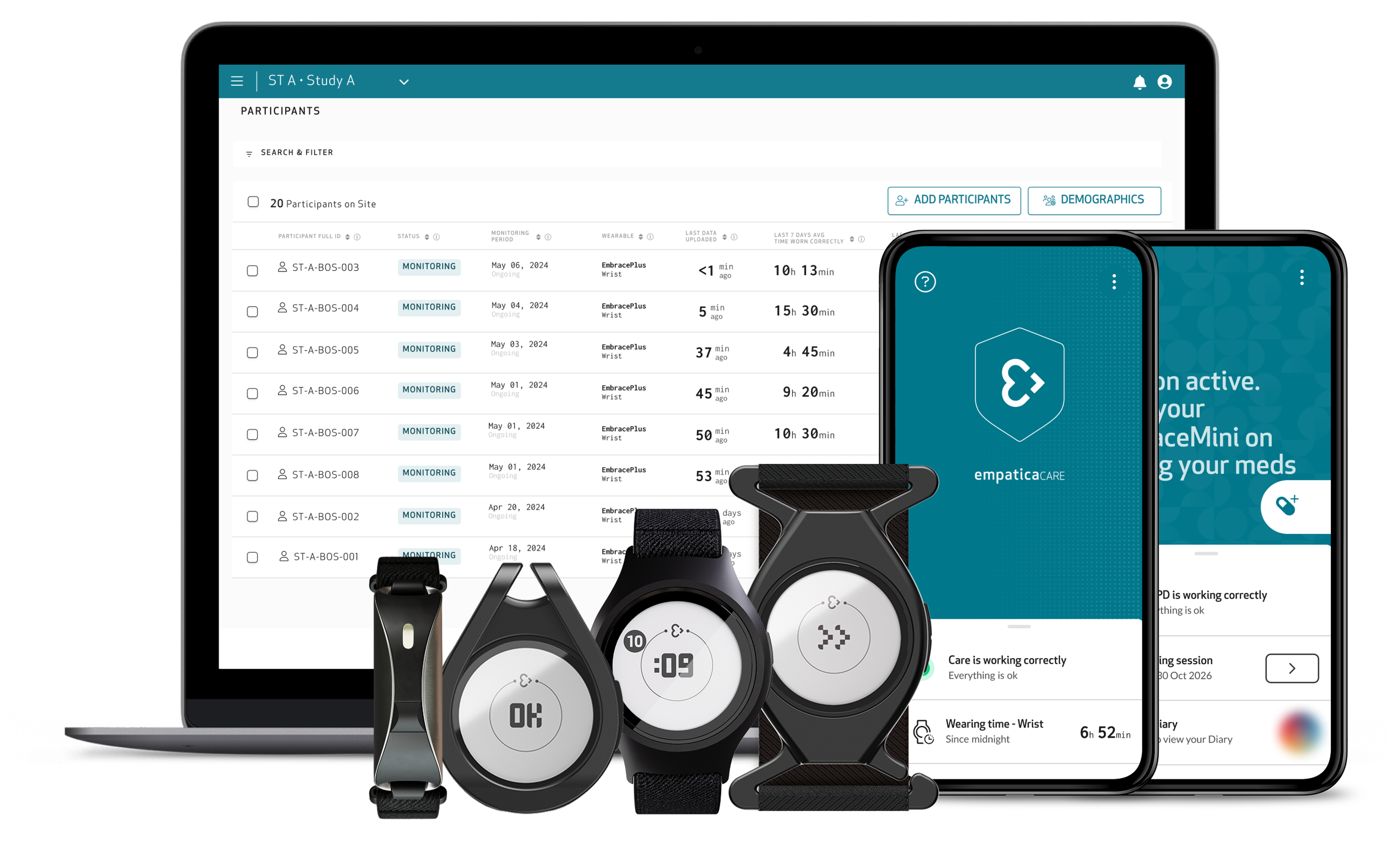Empatica PKG: the Empatica Health Monitoring Platform on a laptop, the Empatica wearables and the Empatica Care app on two phones