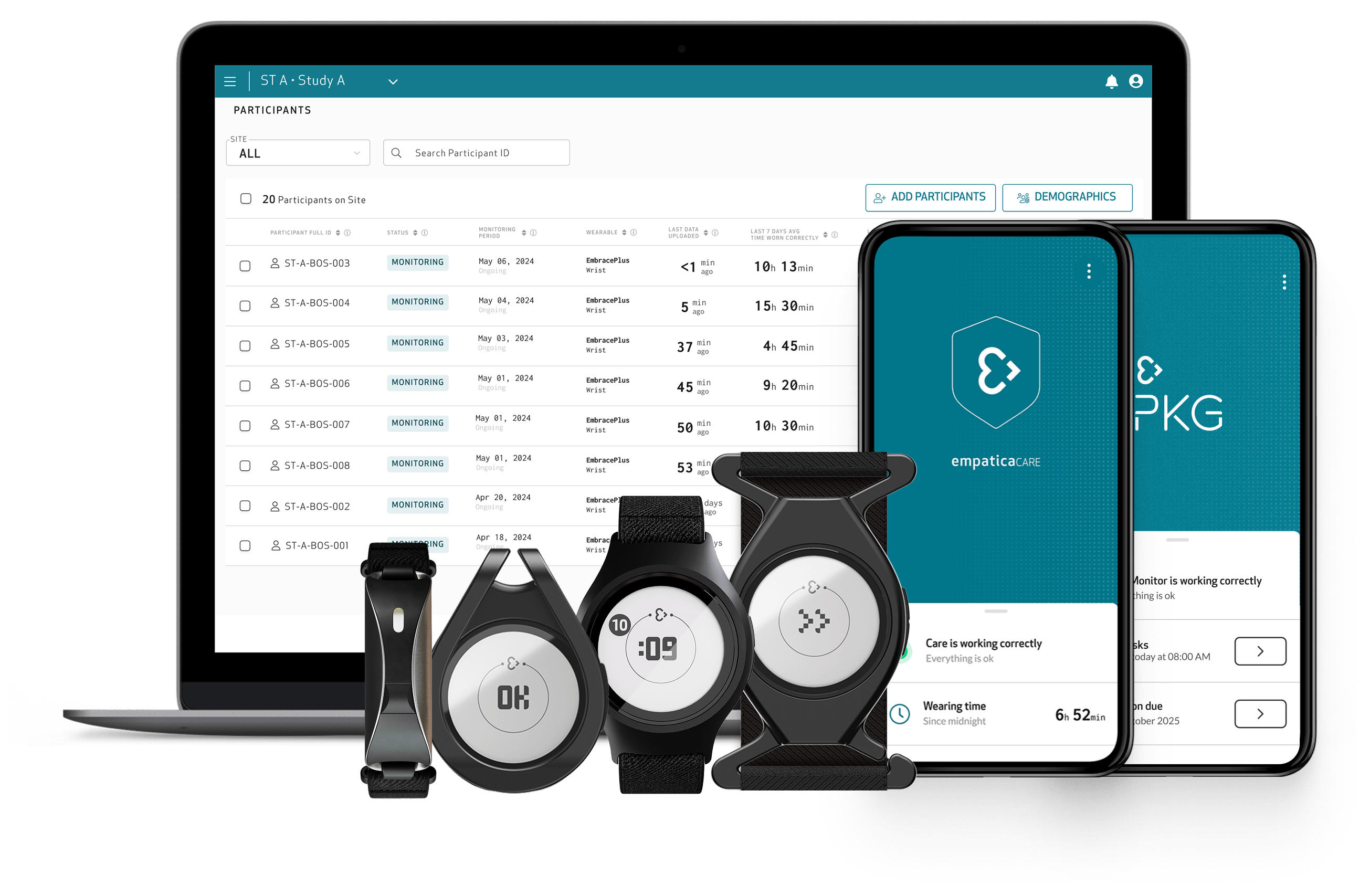 Empatica PKG: the Empatica Health Monitoring Platform on a laptop, the Empatica wearables and the Empatica Care app on two phones