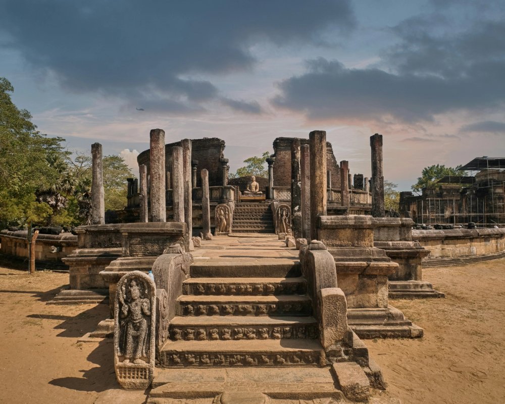 Ancient stone temple ruins and sacred carved architecture in Polonnaruwa