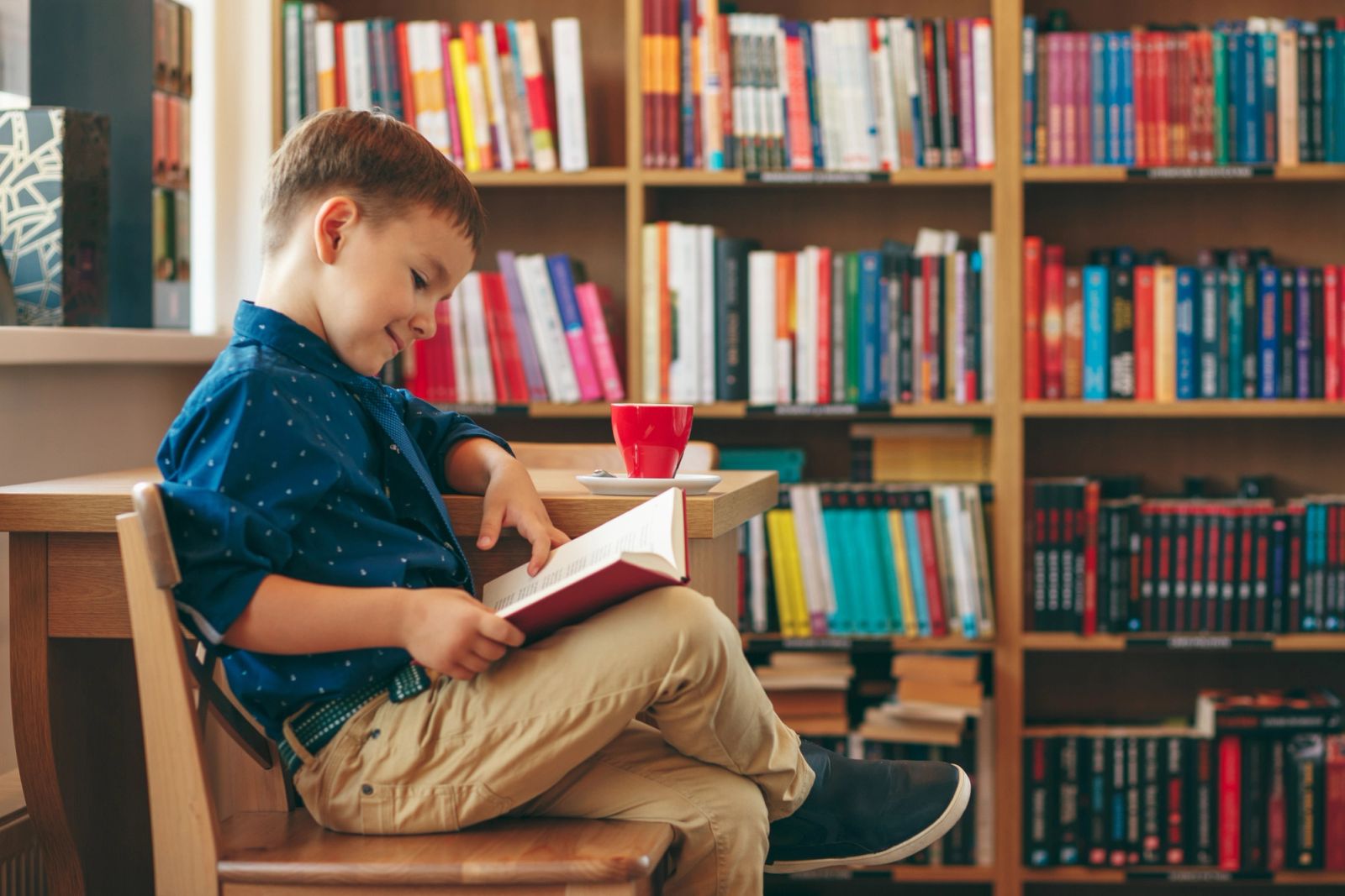 Young boy reading a book in a library