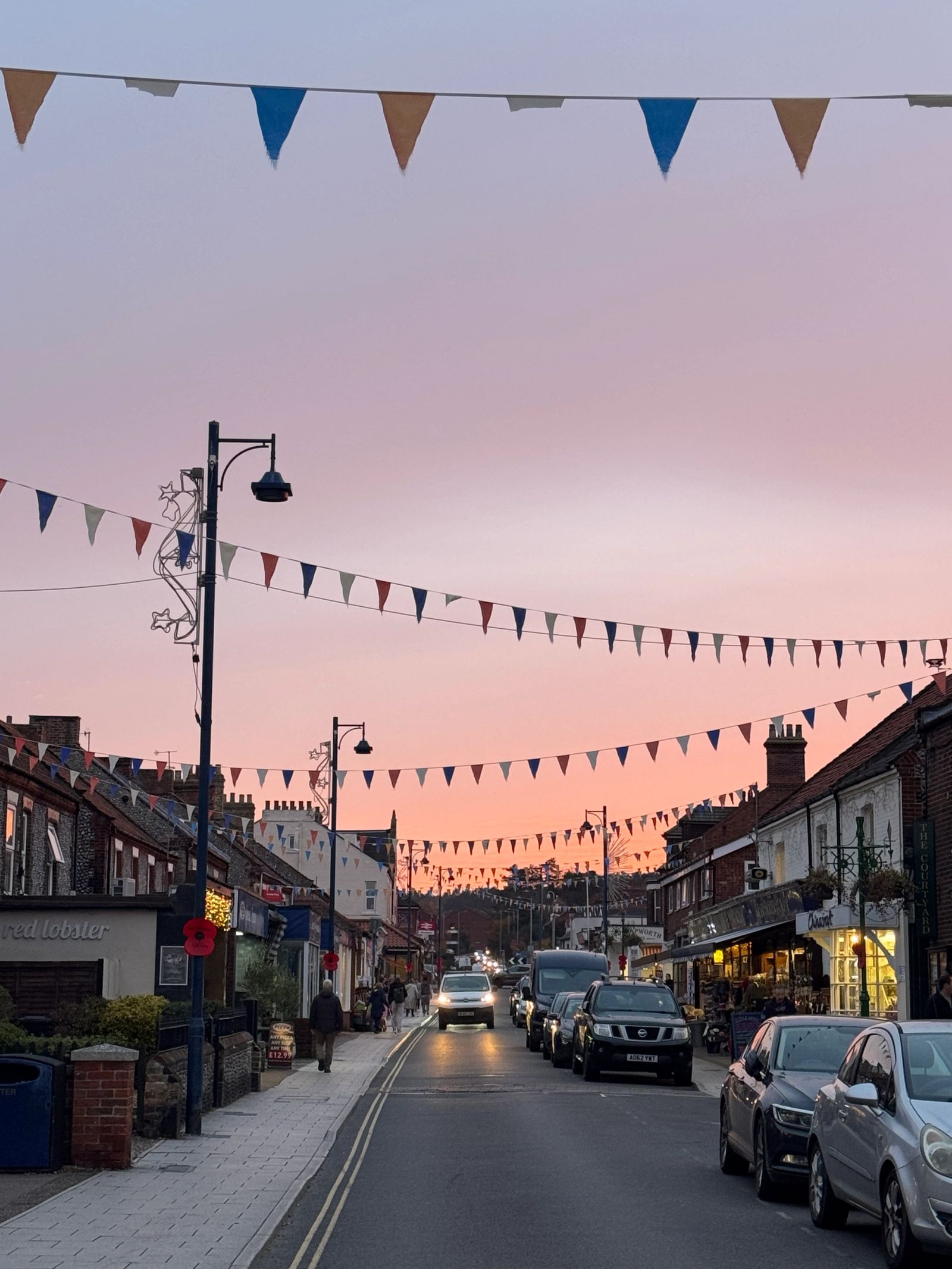 Bunting across town at sunset