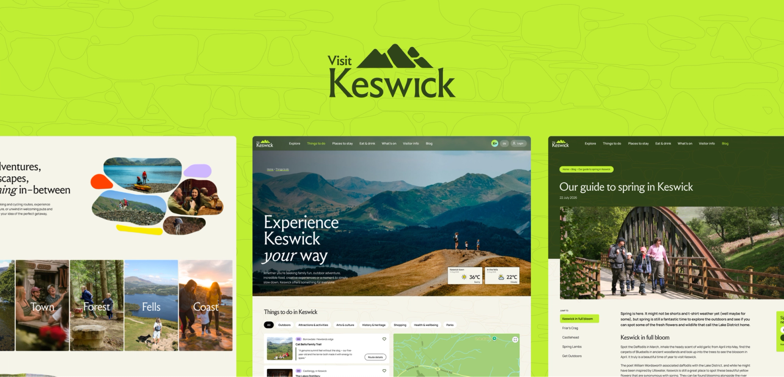 Visit Keswick hero of website screens with green background and logo