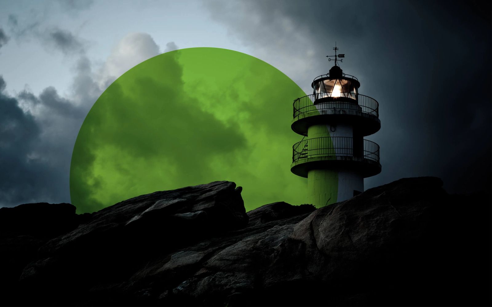 Cabel lighthouse with green brand circle