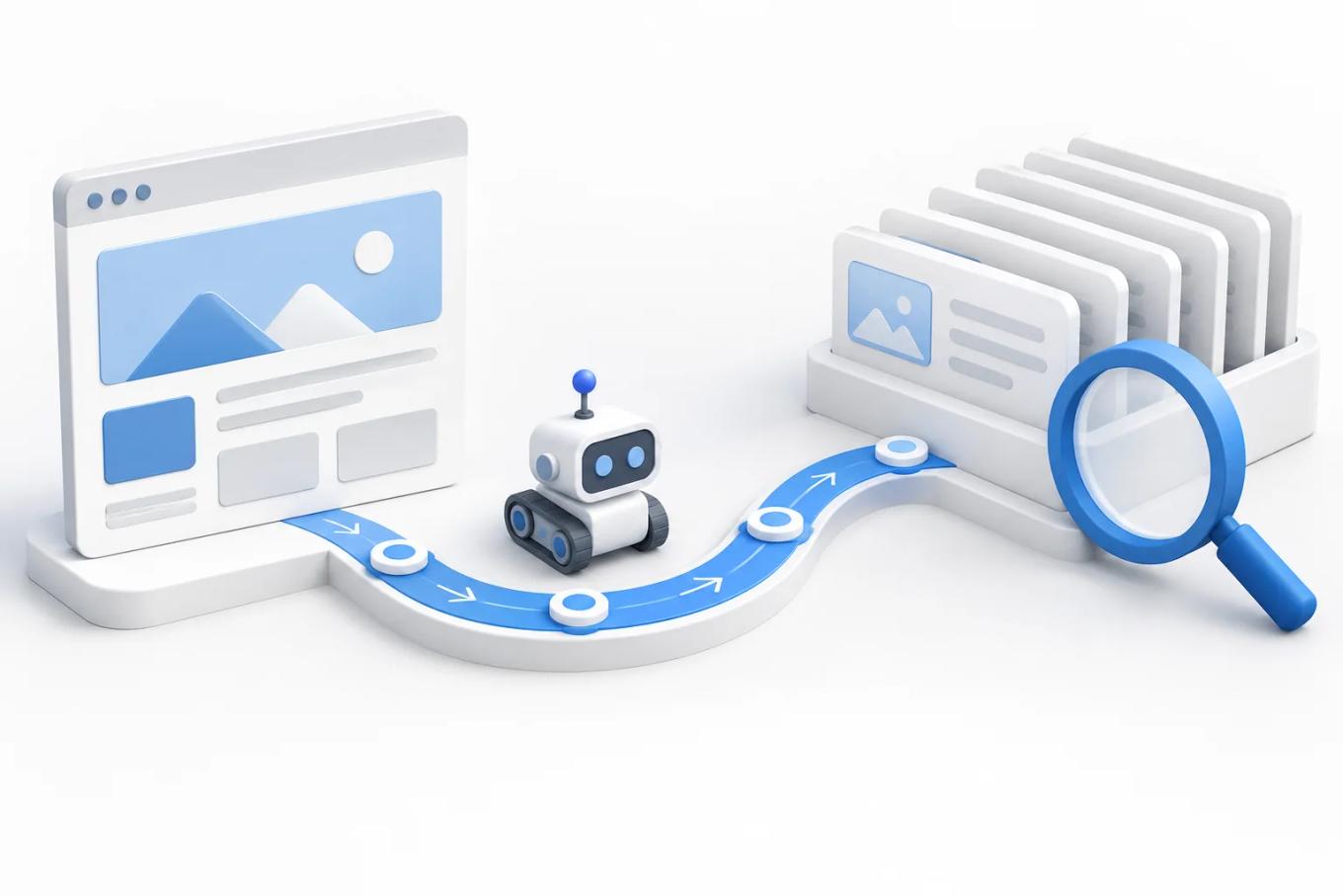 Discovery and indexing flow between a web page, crawler, and search index