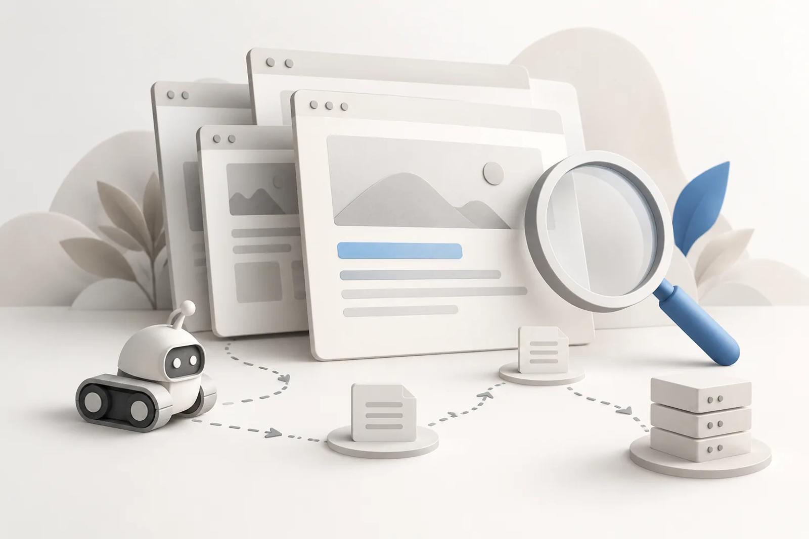 Editorial illustration of an SEO checklist with web pages, a crawler, and a search magnifier