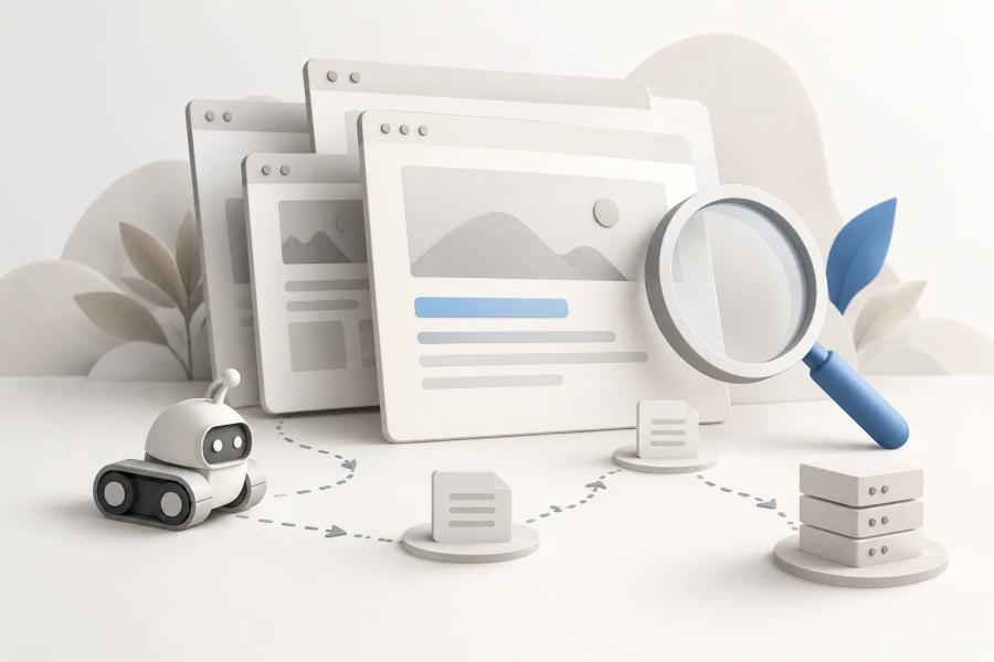 Editorial illustration of an SEO checklist with web pages, a crawler, and a search magnifier