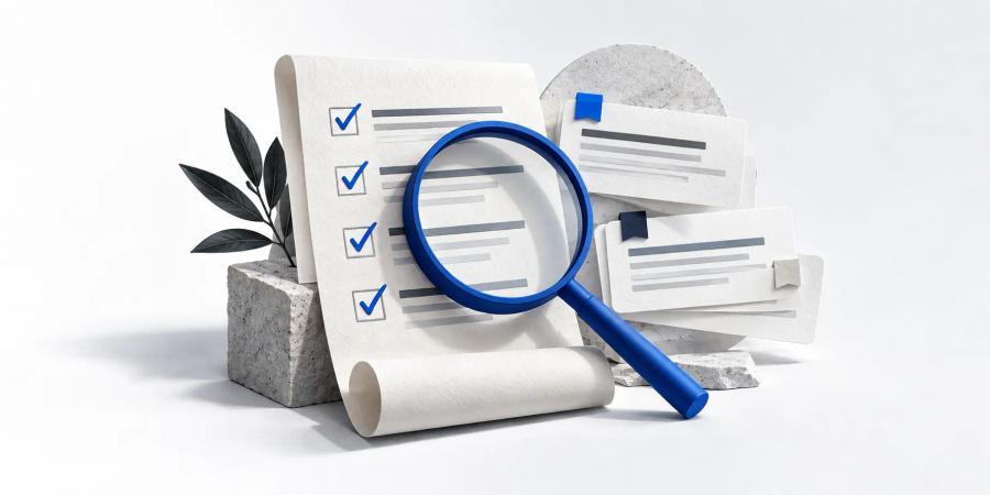 A checklist and magnifying glass symbolise a GEO audit.
