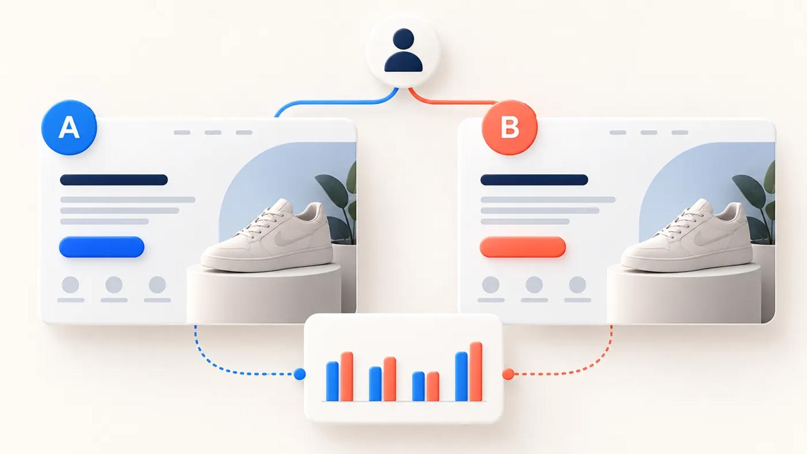 Editorial illustration of control and variant experiences in an A/B test