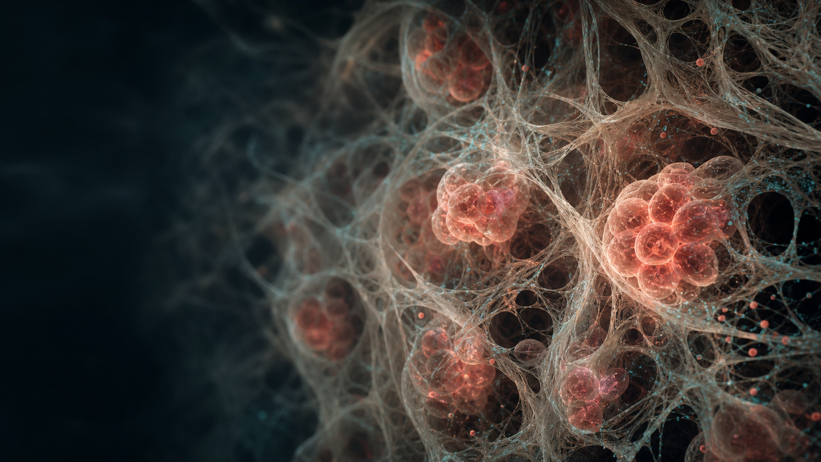 Cells interacting with a porous biomaterial scaffold
