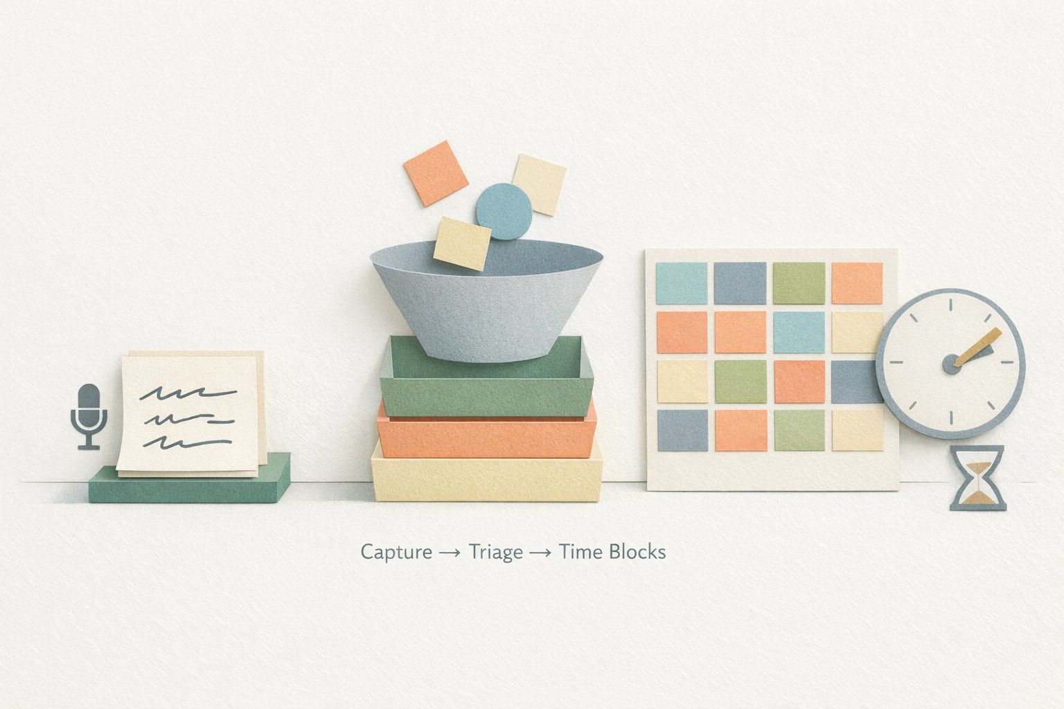 Two-Minute Capture and Ten-Minute Triage for Turning Notes into Time-Blocked Tasks