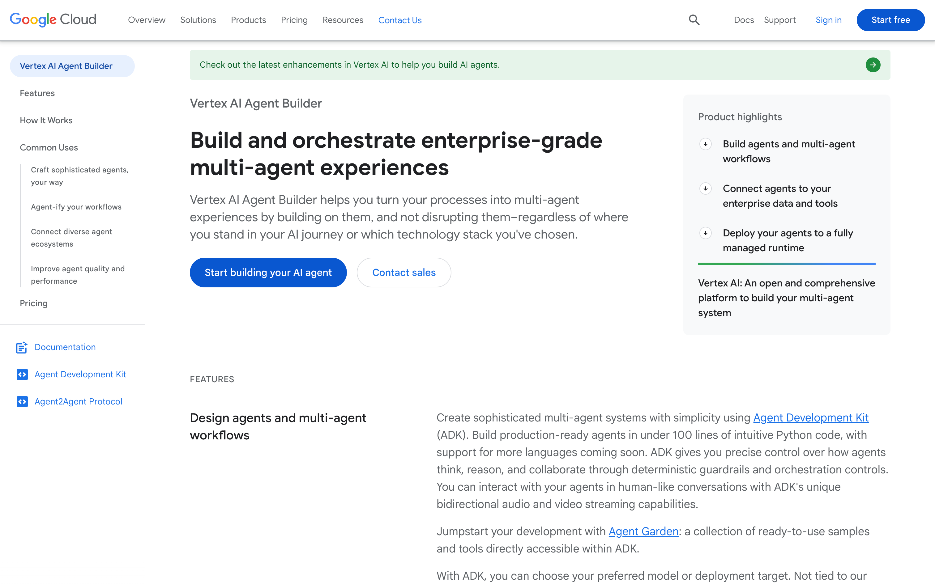 Vertex Agent Builder Homepage