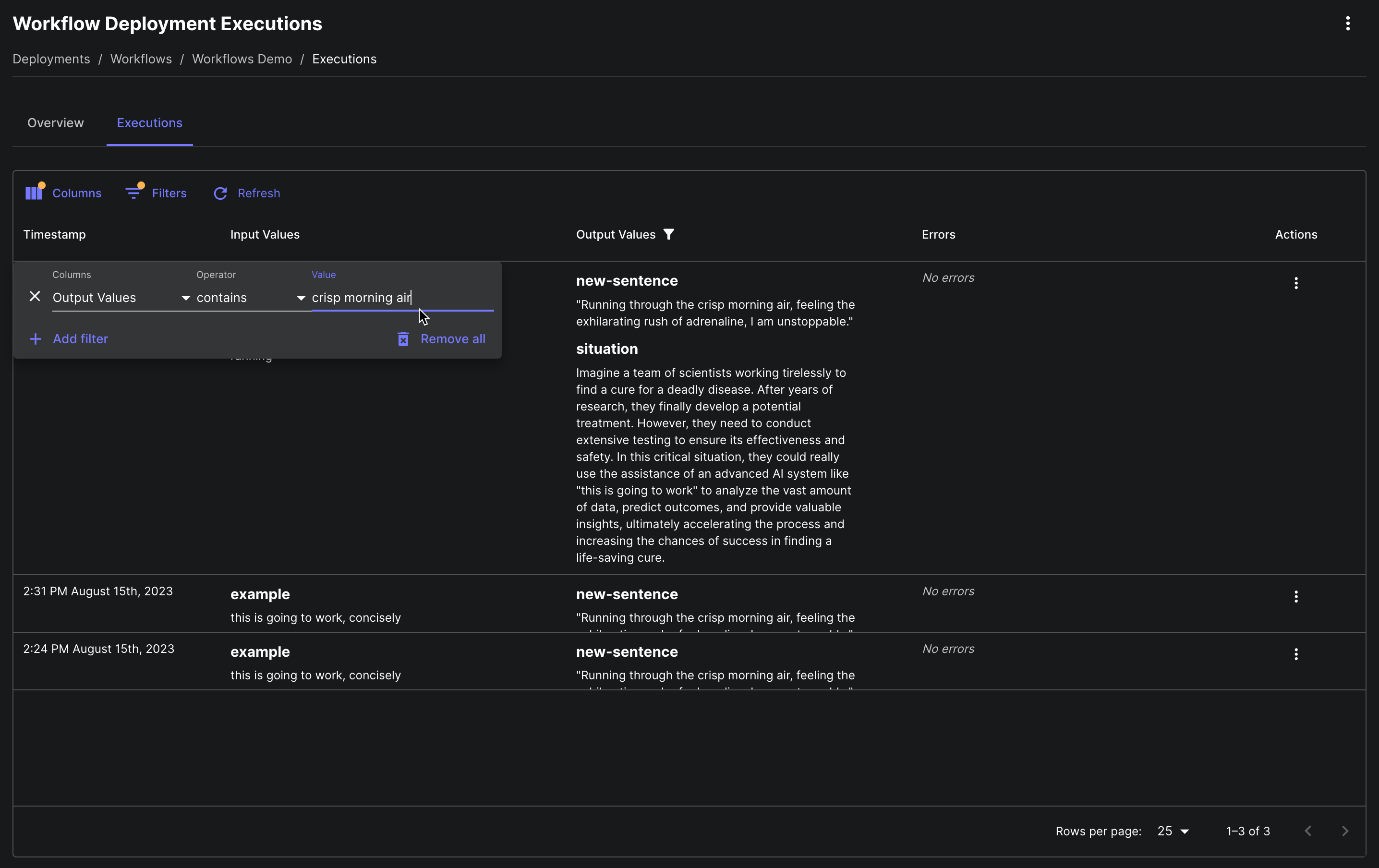 Screenshot from a Workflow Deployment executions and the filtering option