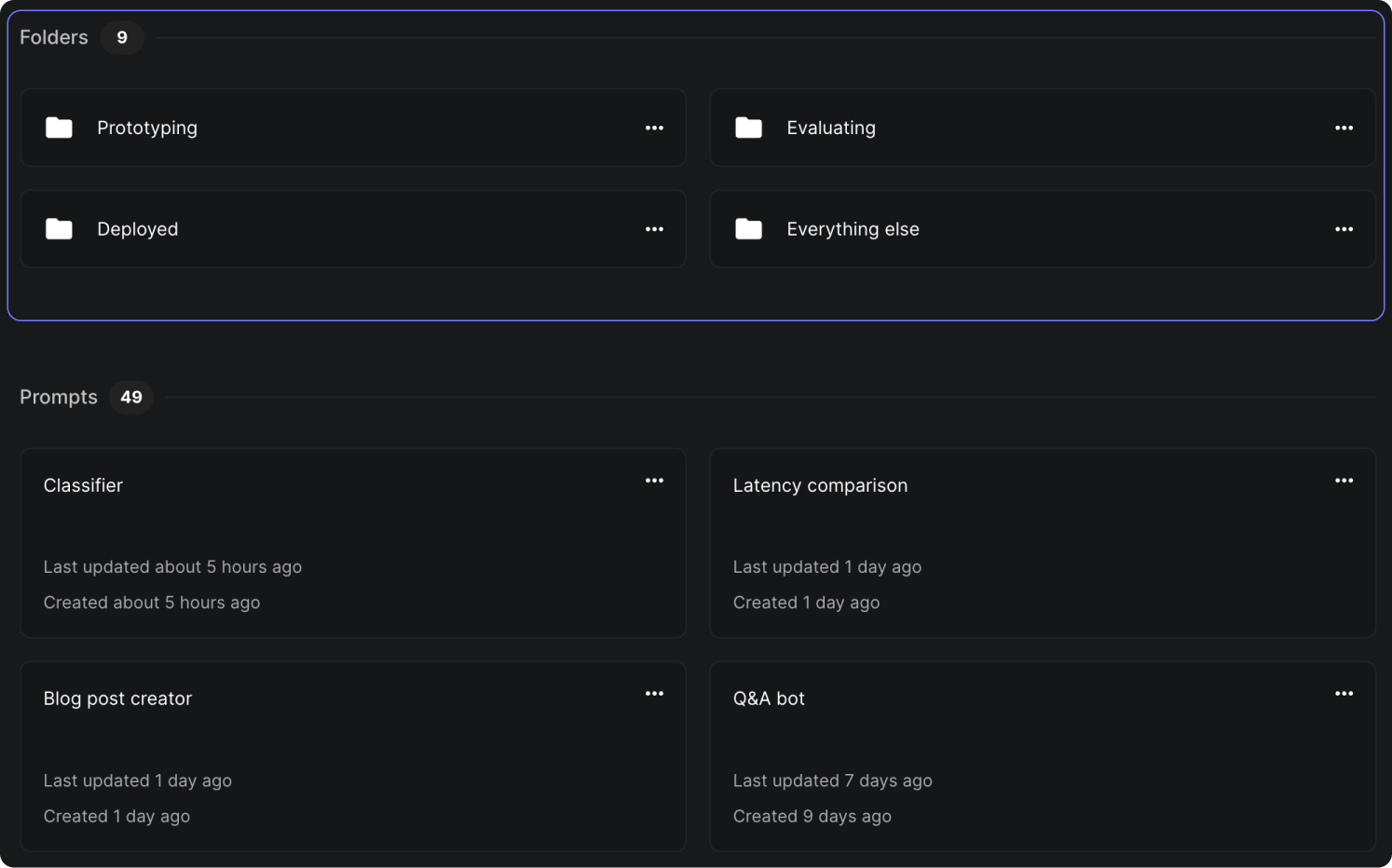 A screenshot of folders and prompts from Vellum.