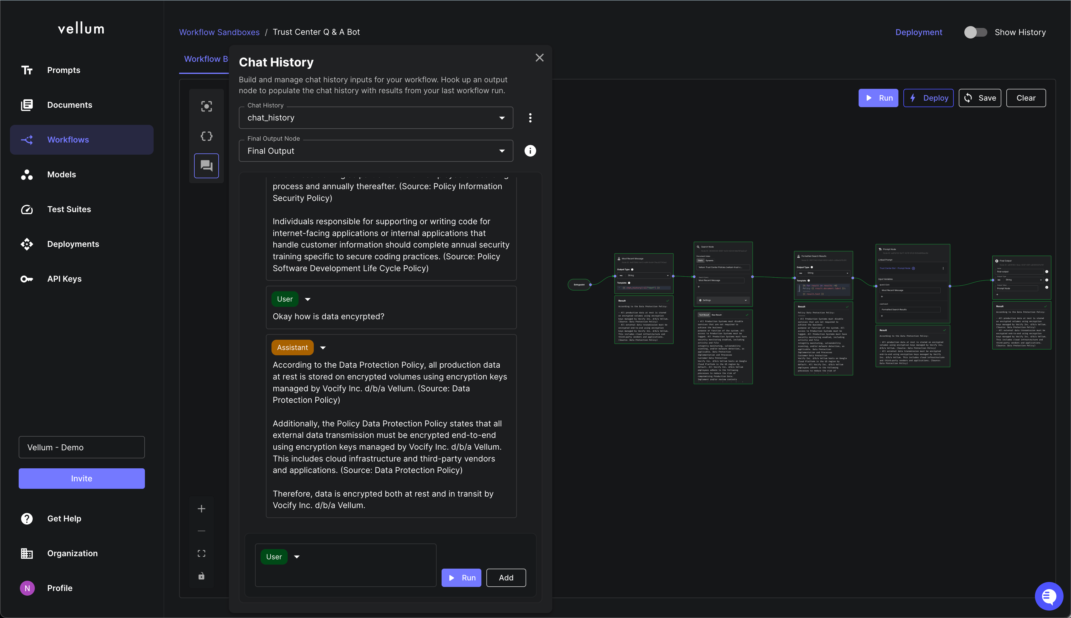 A screenshot from the Chat Panel where you can test chat-based Workflows