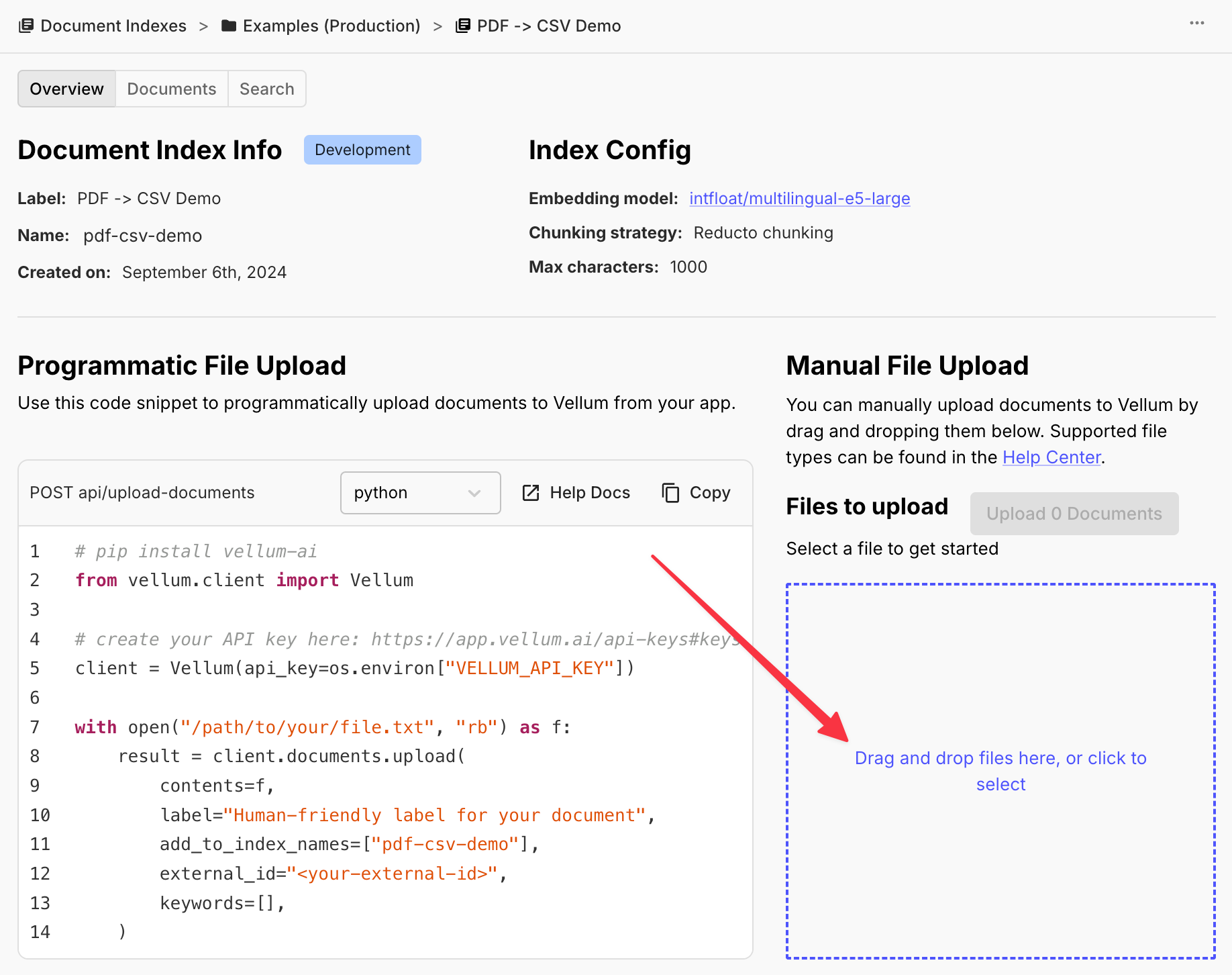 Ingesting the PDFs in Vellum via the Drag and Drop Functionality