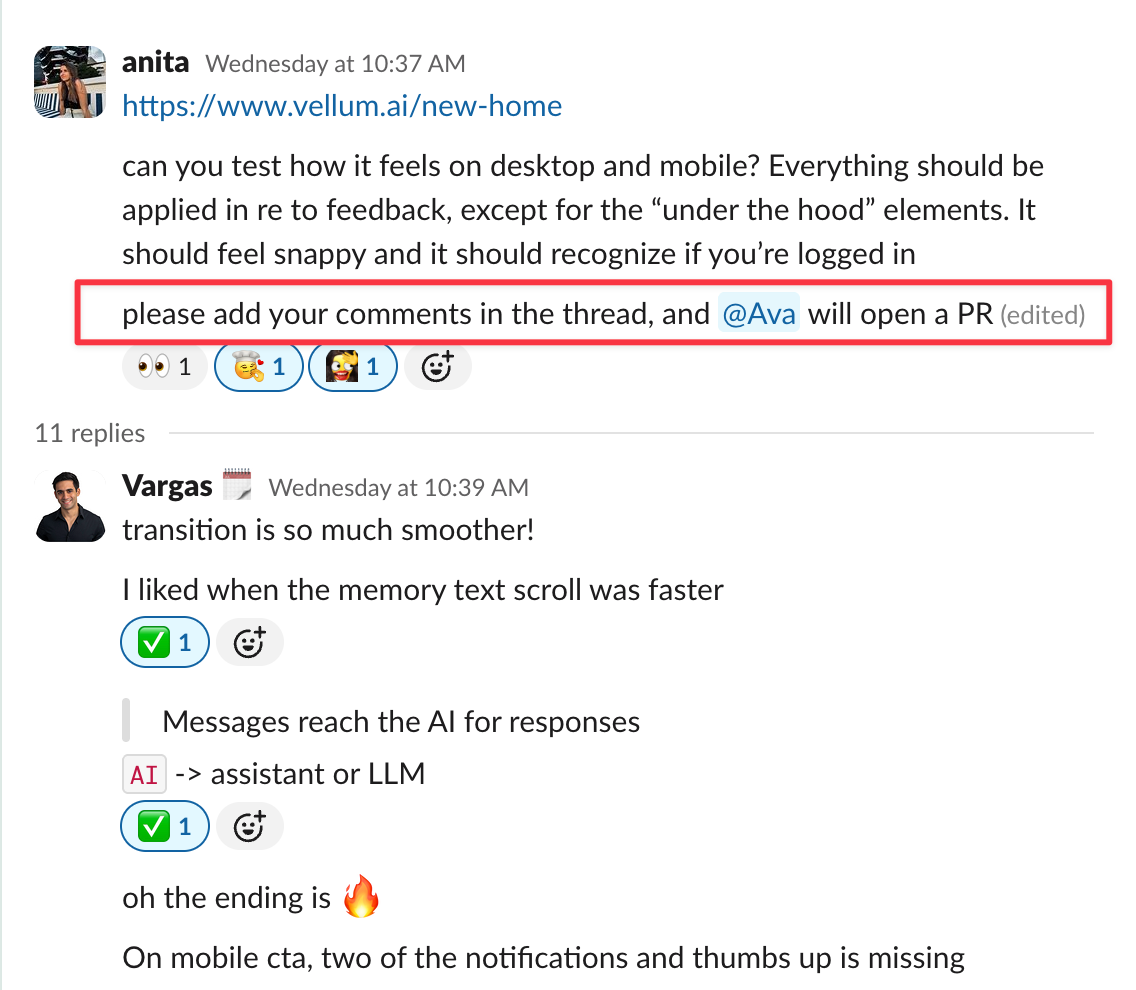 Slack message asking the team to test the new homepage, with @Ava queued up to open a PR
