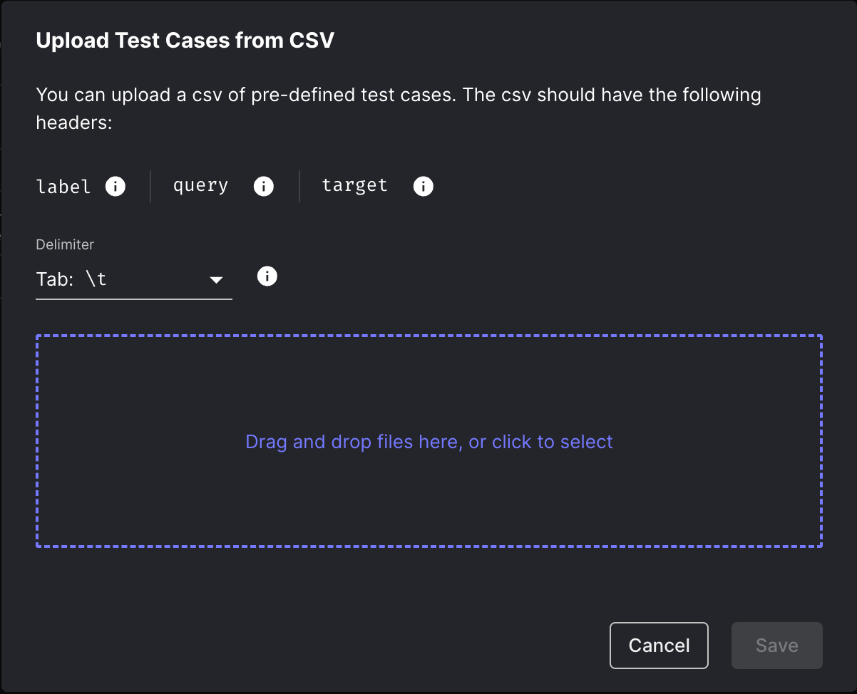 A screenshot from Vellum on how to upload test cases from csv