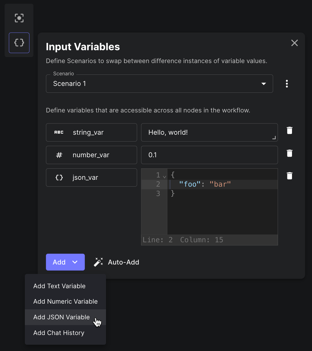 A screenshot from the input variable panel, showcasing that you can now provide string, numerical and JSON values as inputs to a Workflow