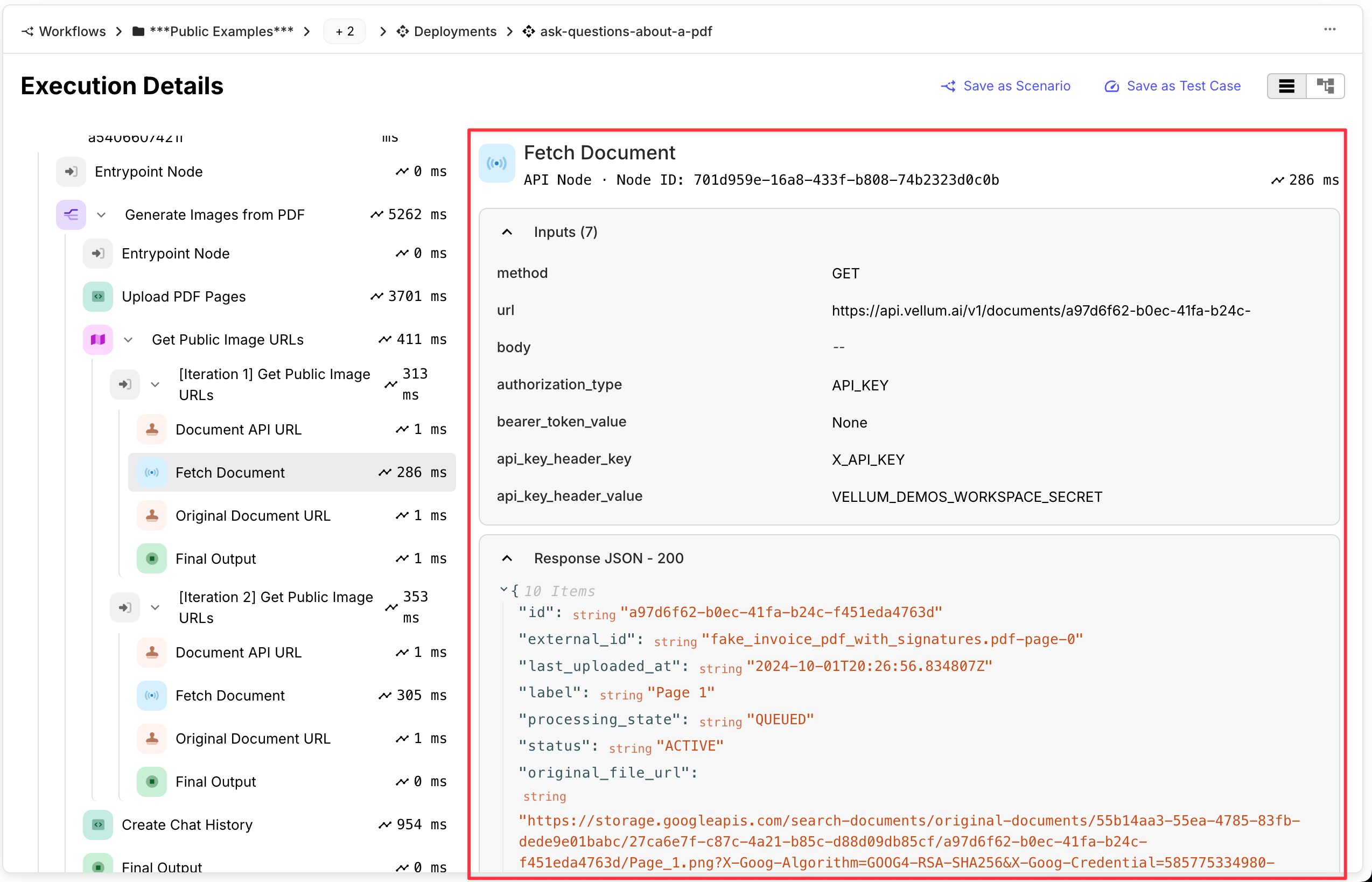 Preview of execution details for nodes