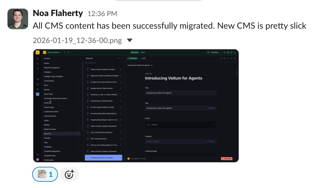 Slack message from Noa: "All CMS content has been successfully migrated. New CMS is pretty slick." with a screenshot of Sanity Studio behind it.