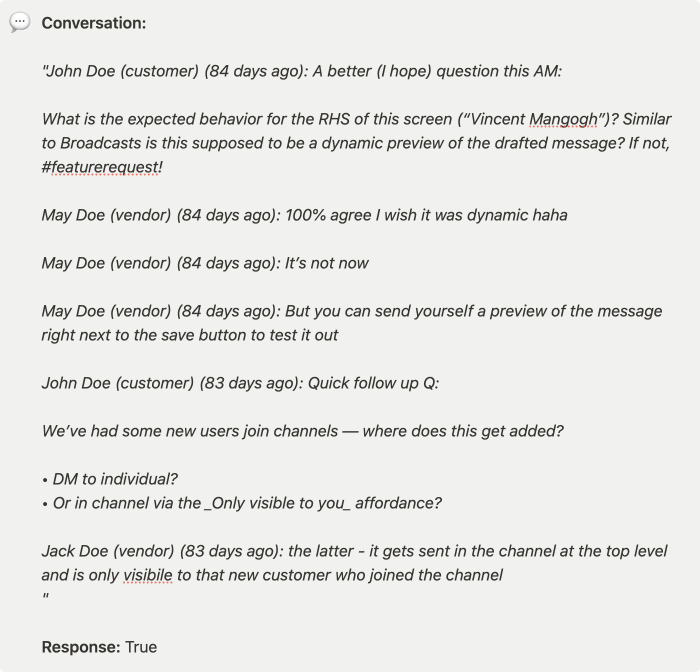 Preview of a conversation between a vendor and a customer