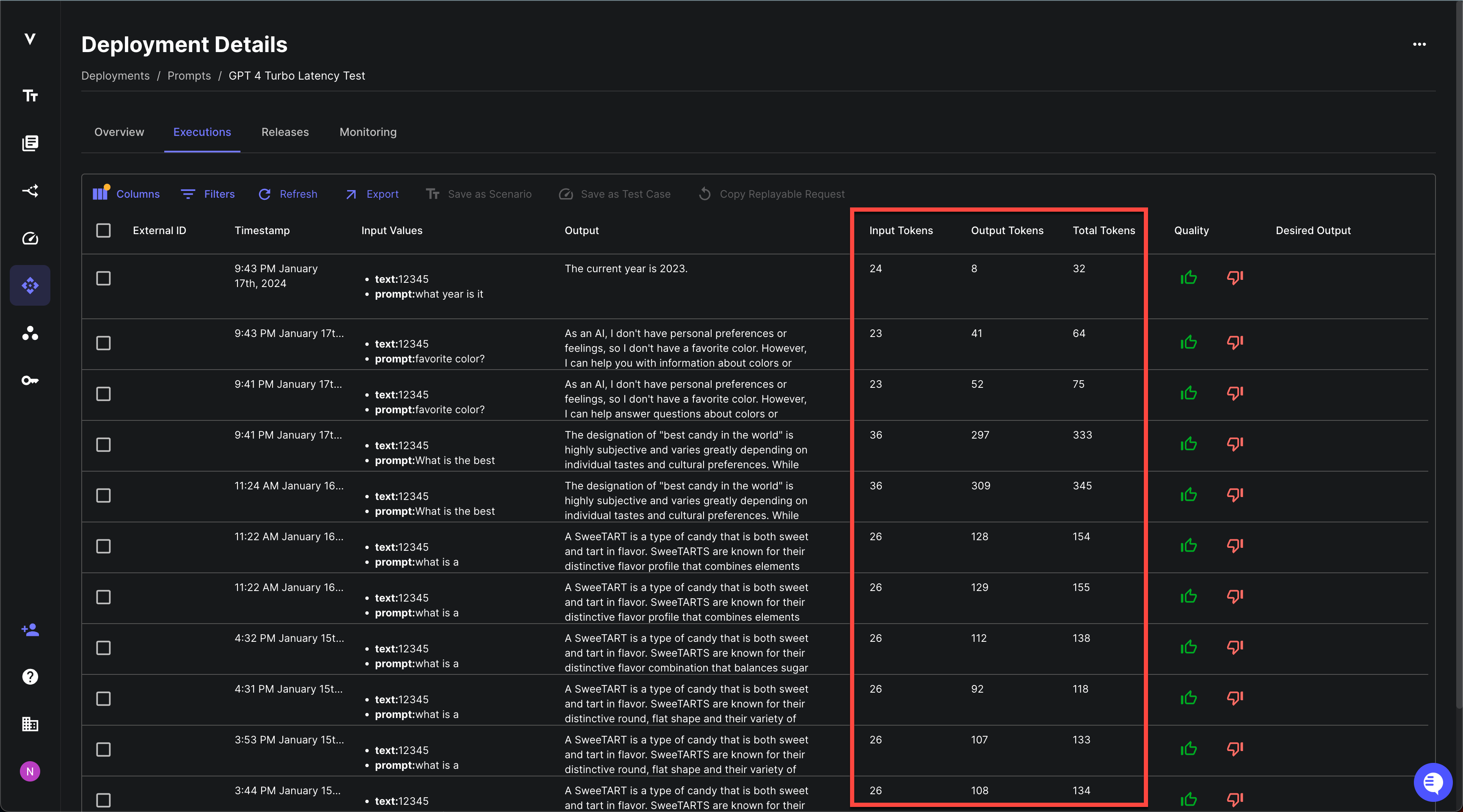 Screenshot of a deployed prompt in Vellum with usage tracking