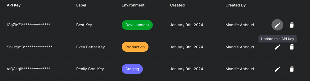 Preview of API Key Metadata in Vellum
