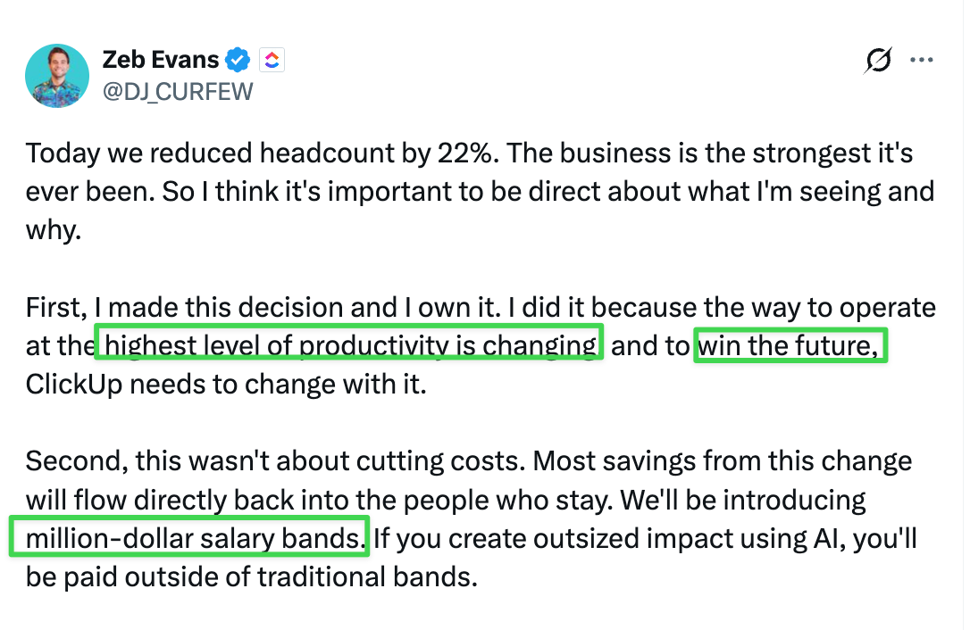 ClickUp CEO Zeb Evans announcing AI restructuring and $1M salary bands