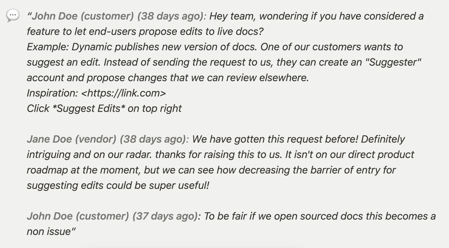 A preview of a customer support ticket between a vendor and a customer