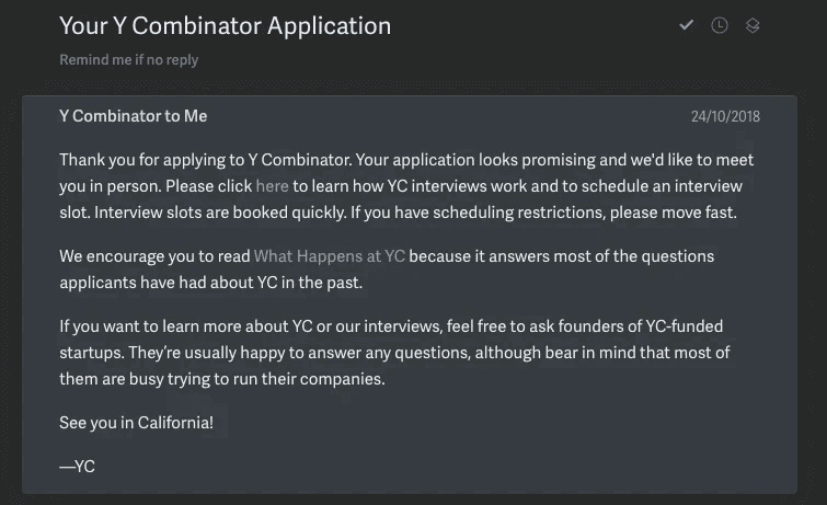 Email from Y Combinator