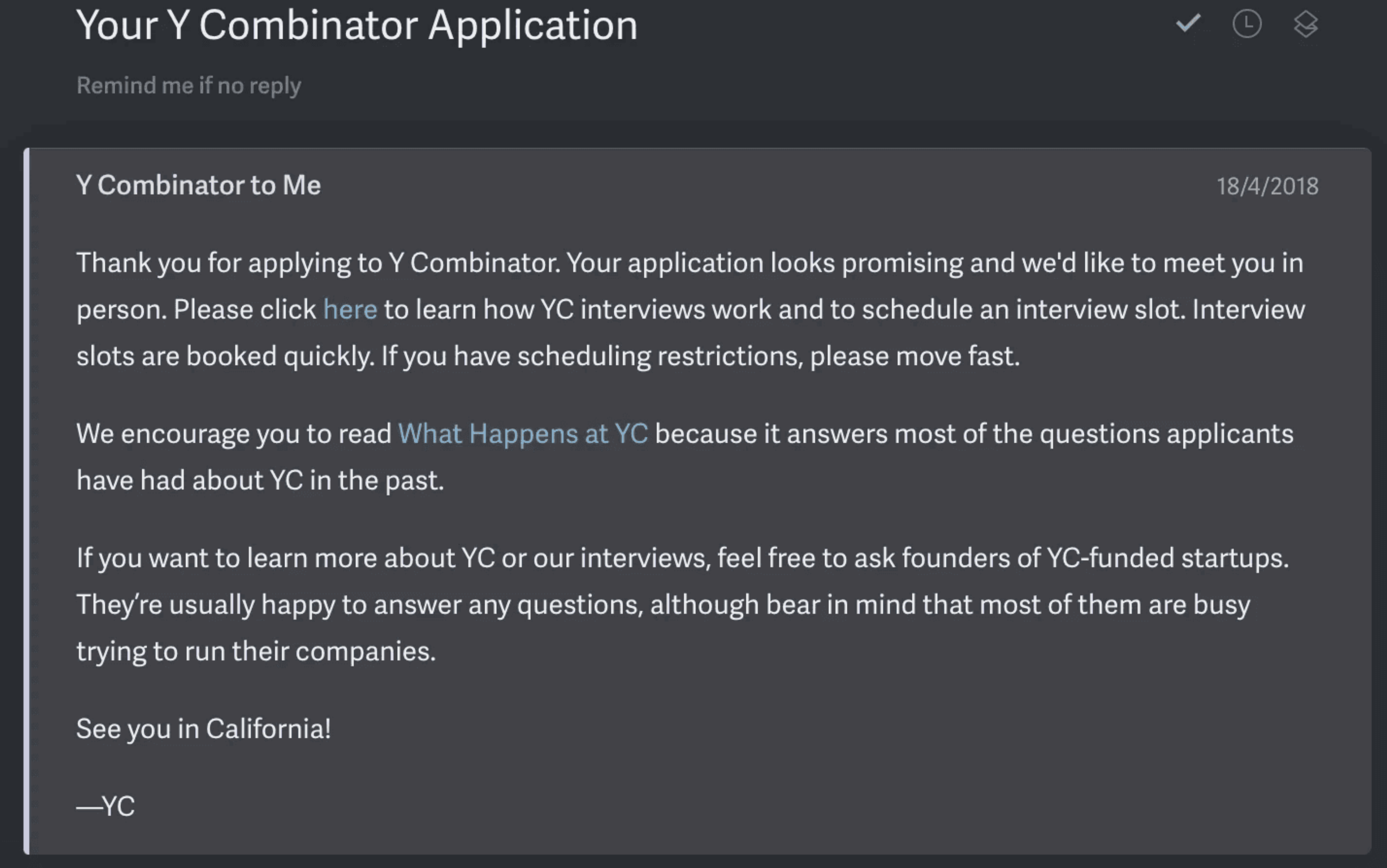 Screenshot of email from Y Combinator