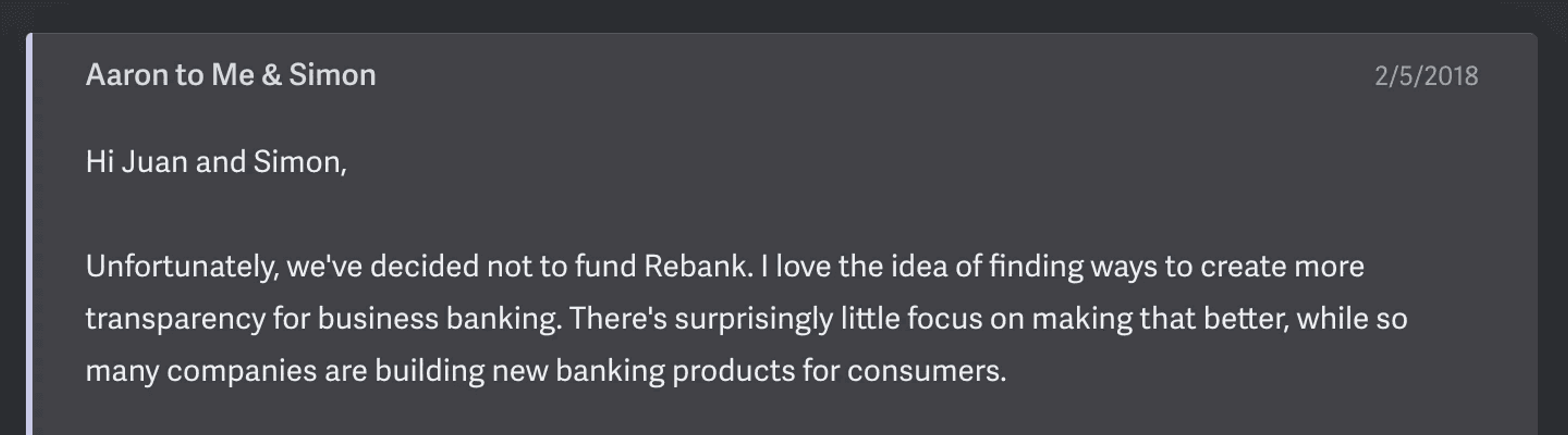 Screenshot of email from Y Combinator