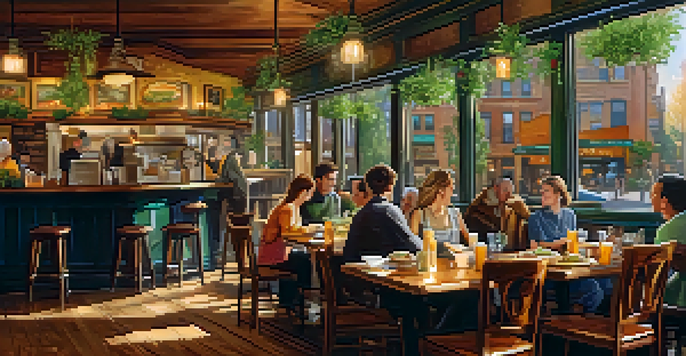 A cozy café scene in Chicago with a deep-dish omelette on a wooden table, surrounded by patrons enjoying brunch.