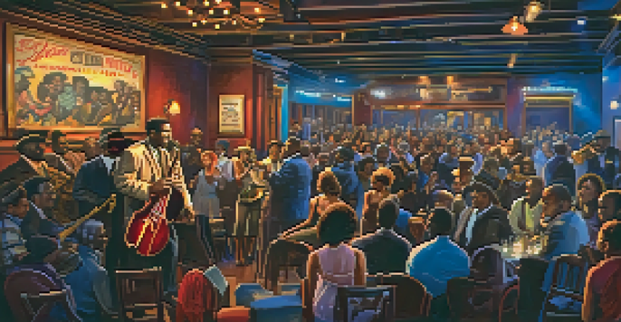 A lively scene inside a Chicago blues club with musicians performing and an engaged audience.