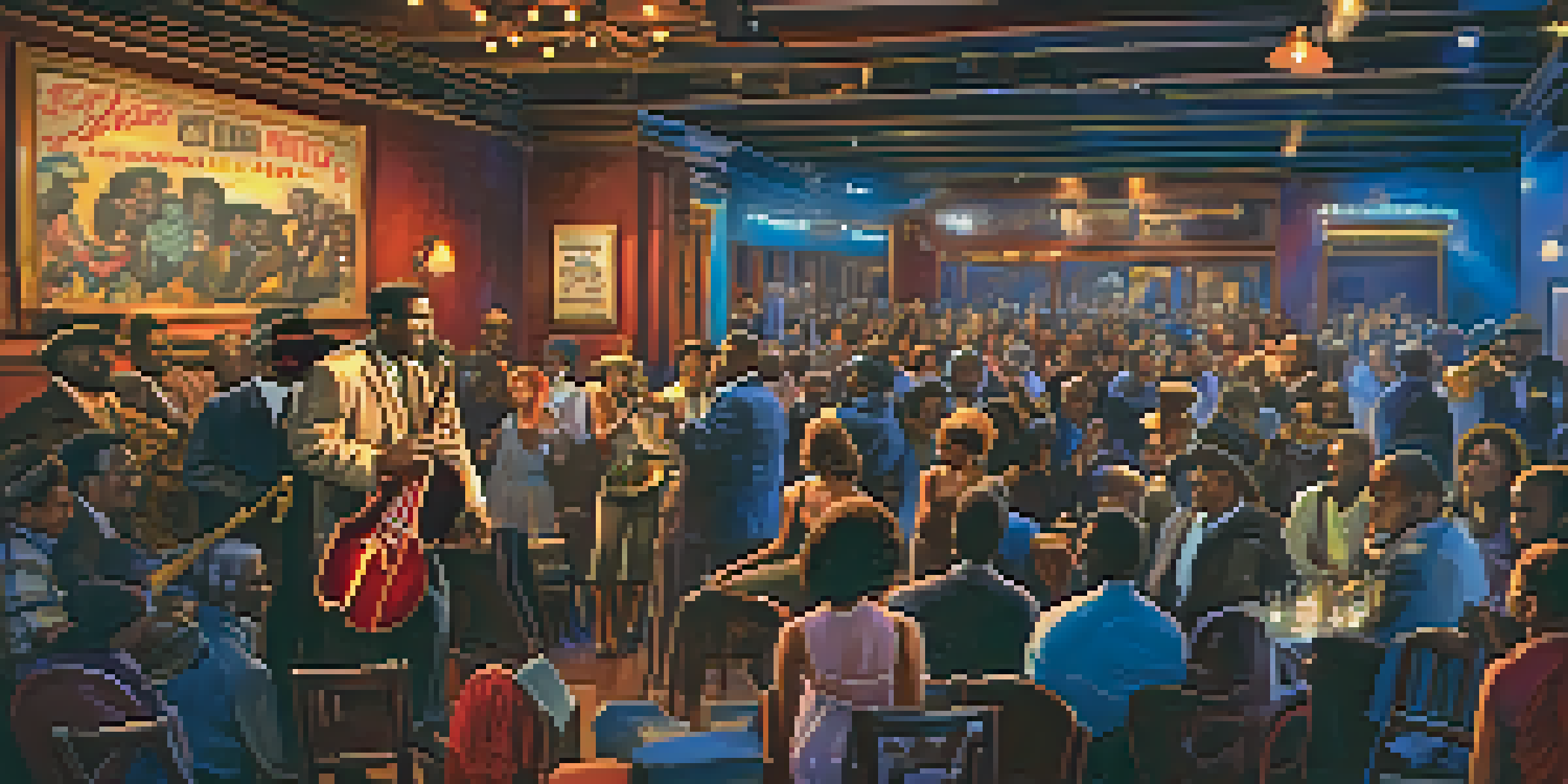 A lively scene inside a Chicago blues club with musicians performing and an engaged audience.
