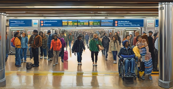 A busy Chicago subway station showcasing accessibility, with a mother using a stroller, a person in a wheelchair, and various commuters. The station includes ramps and elevators, highlighting inclusivity in public transit.