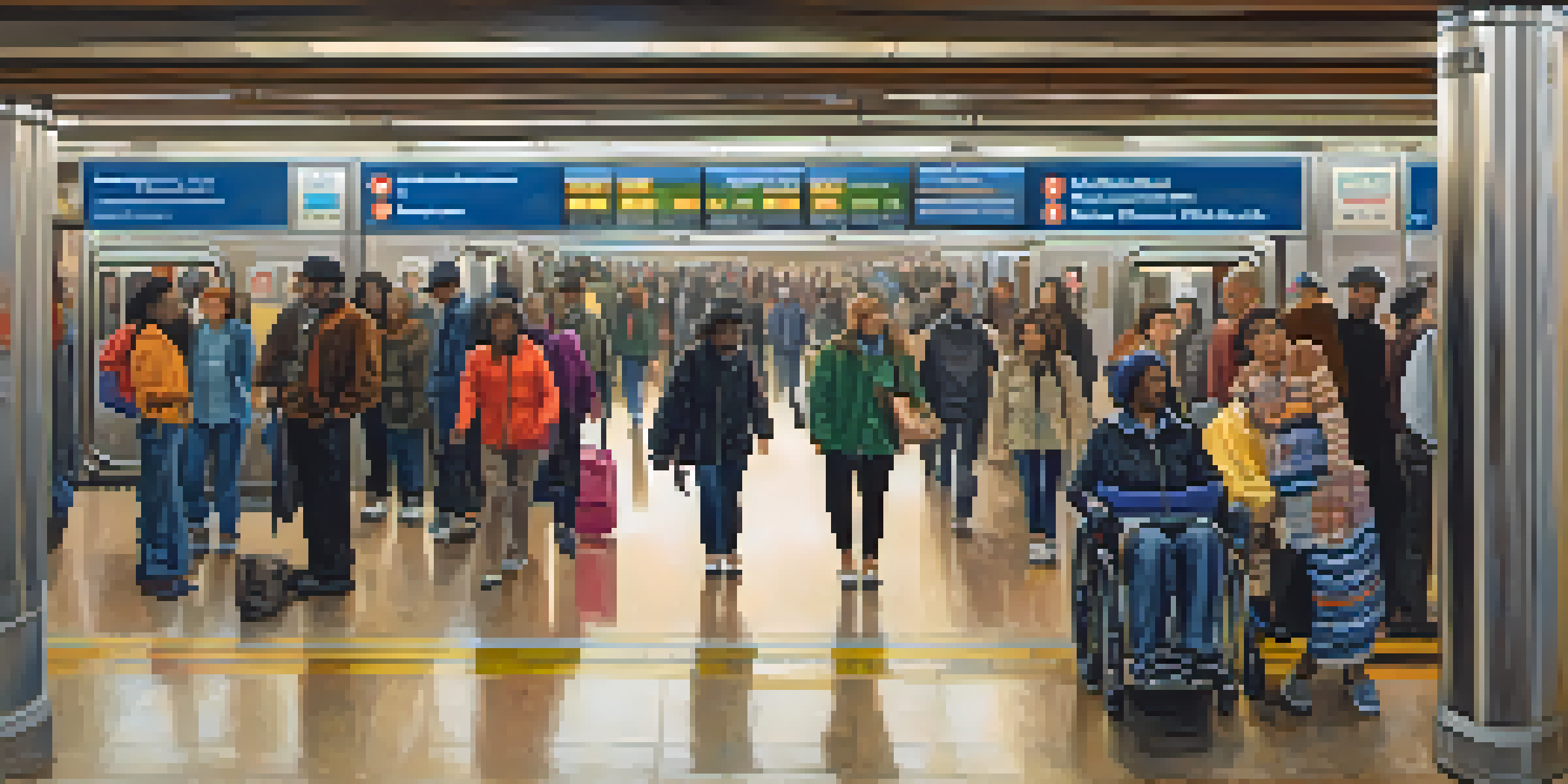 A busy Chicago subway station showcasing accessibility, with a mother using a stroller, a person in a wheelchair, and various commuters. The station includes ramps and elevators, highlighting inclusivity in public transit.