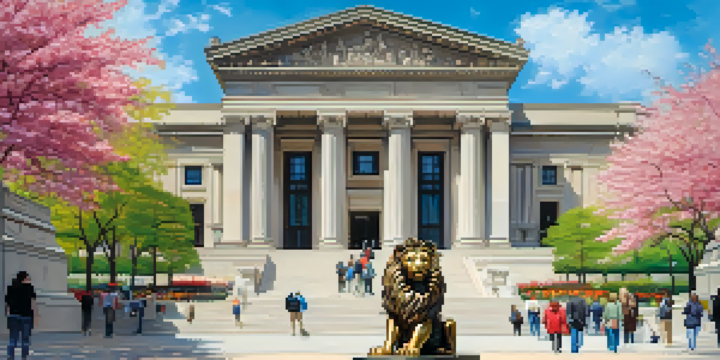 Exterior view of the Art Institute of Chicago with bronze lion statues and blooming flowers, under a clear blue sky.