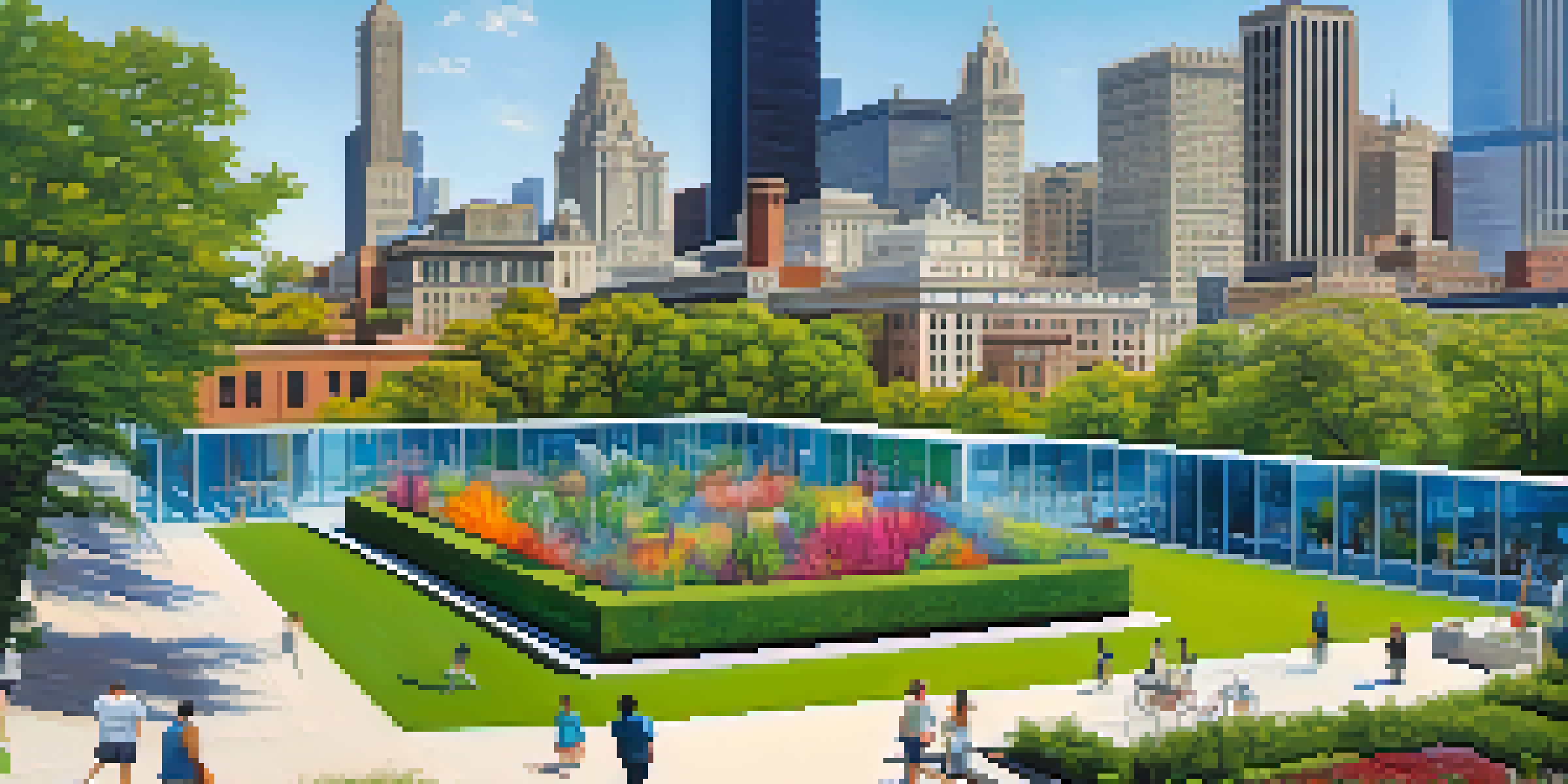 A panoramic view of the Museum of Contemporary Art in Chicago with modern architecture, glass windows, and a rooftop sculpture garden filled with greenery and sculptures.