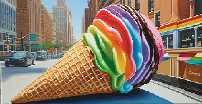 A colorful ice cream cone with five layers held in a hand on a sunny day.