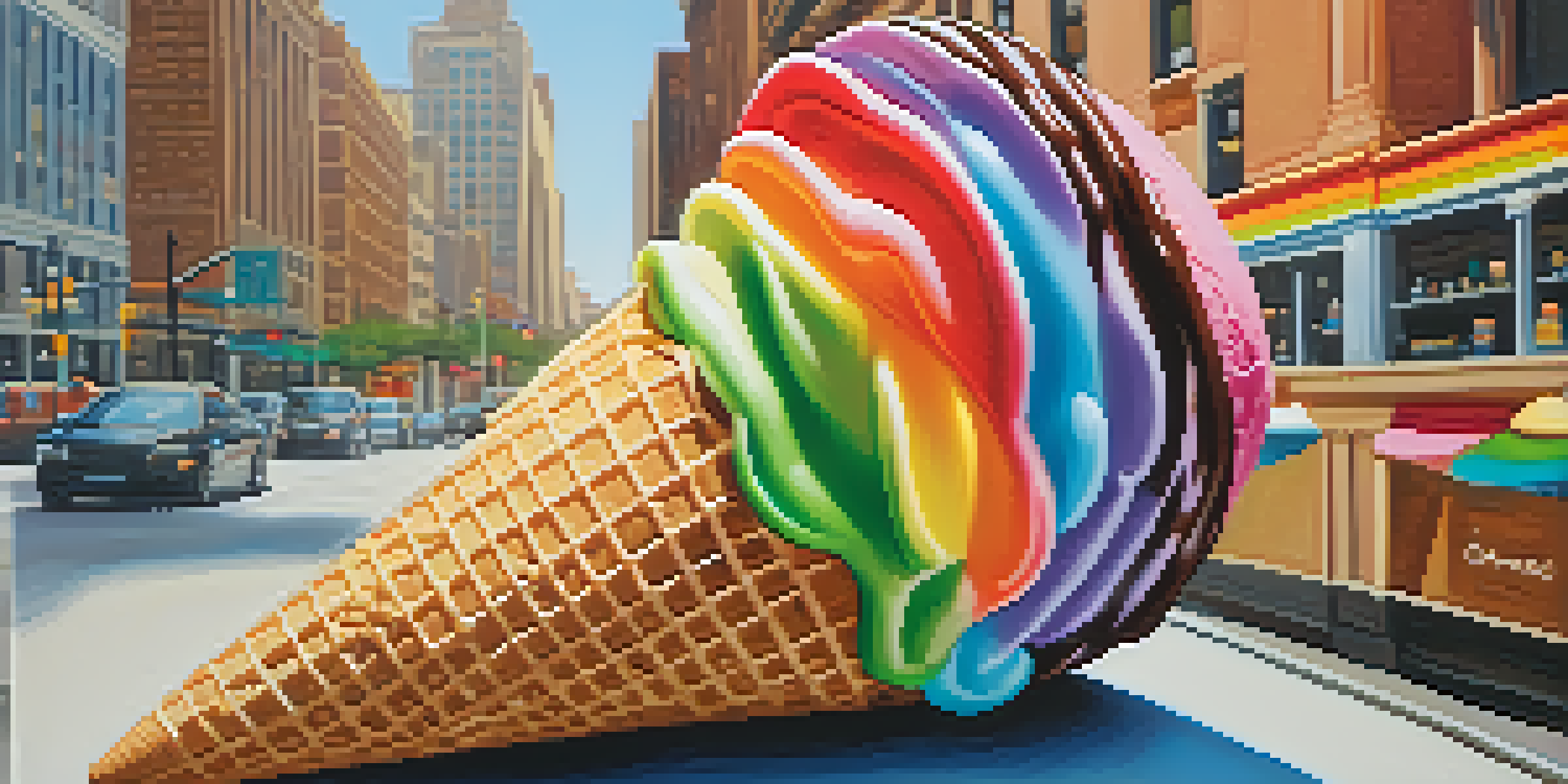 A colorful ice cream cone with five layers held in a hand on a sunny day.