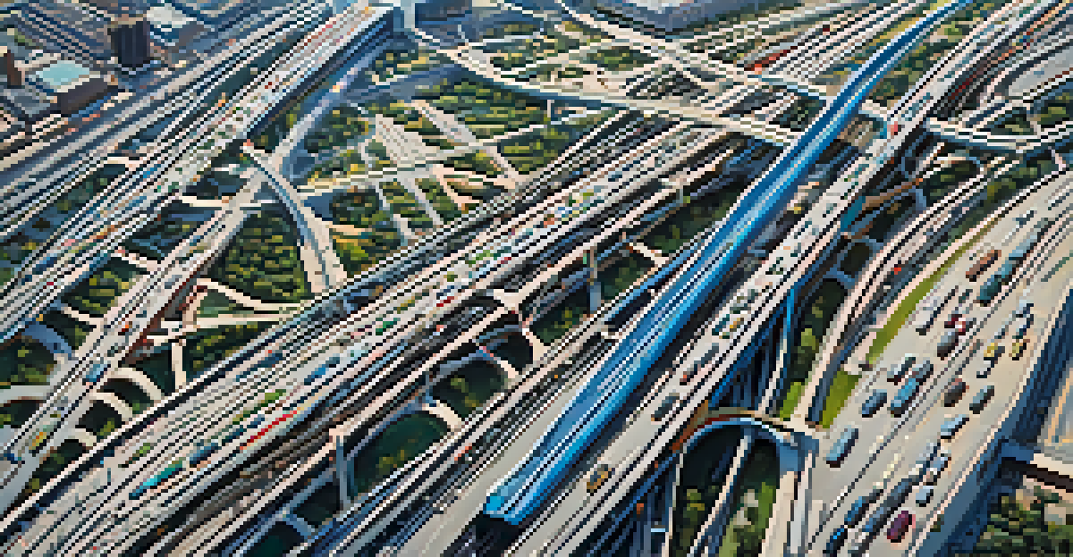 An aerial view of Chicago's transportation networks, featuring highways, railroads, and the airport.