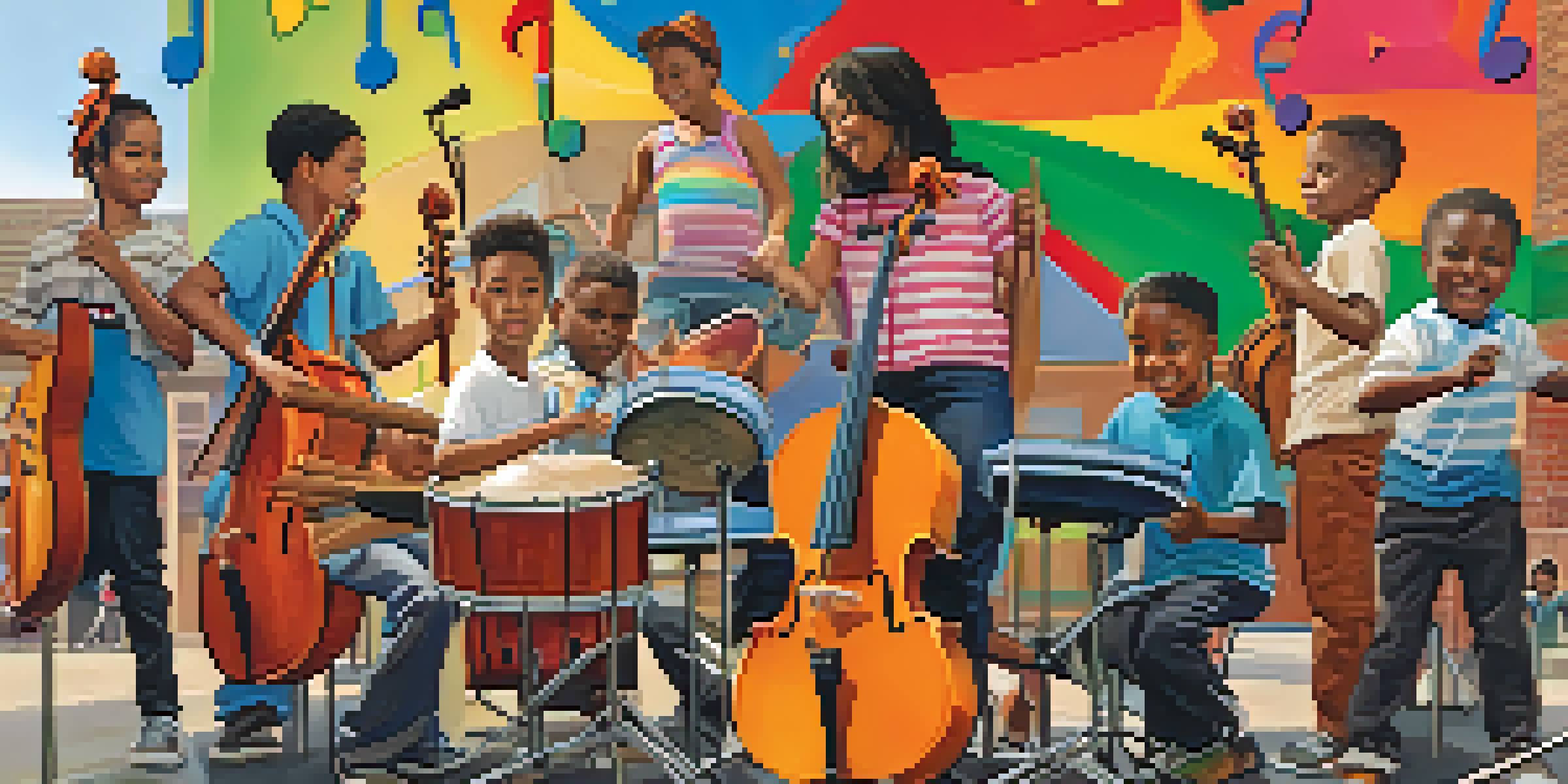 A diverse group of young musicians playing instruments together in a lively community music program.