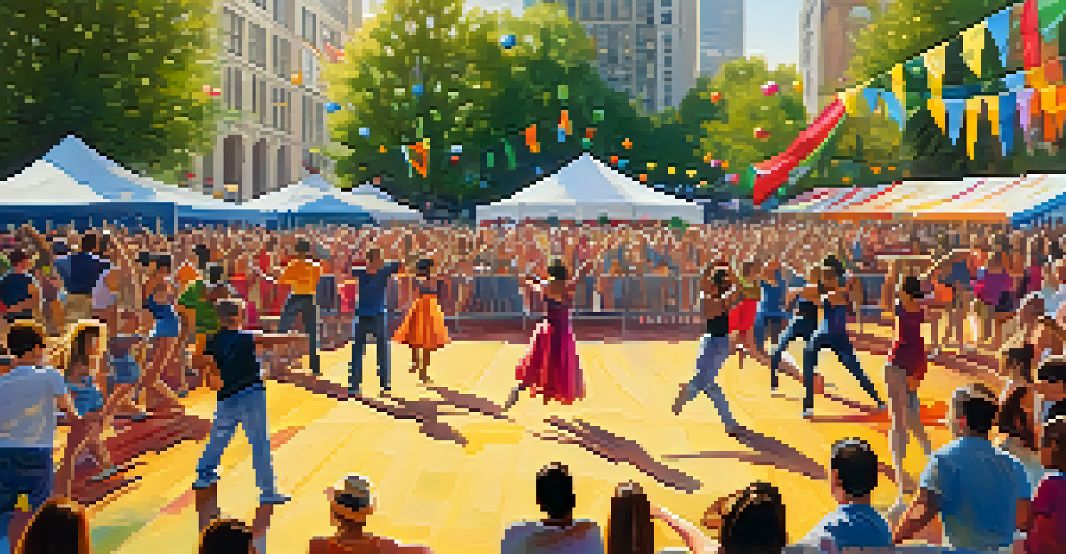 An outdoor dance festival in Chicago with dancers performing on stage, surrounded by an enthusiastic audience and colorful decorations under bright sunlight.