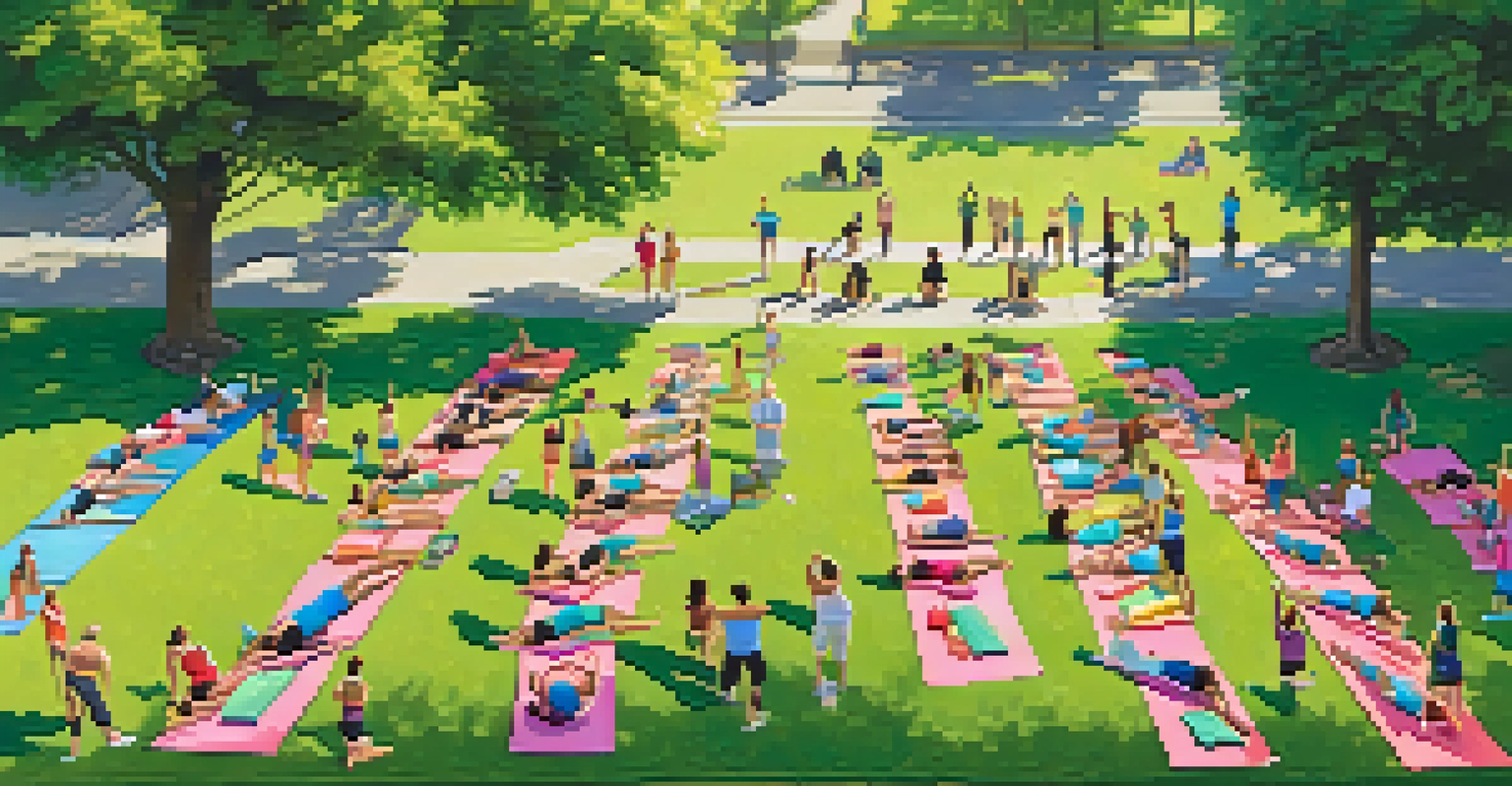 An aerial view of a diverse group of people practicing yoga in Washington Park on colorful mats surrounded by greenery.