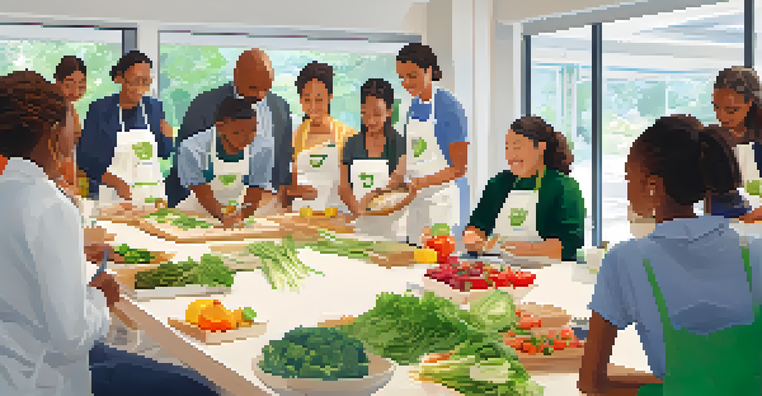 A nutritionist leading a cooking workshop at a health fair, with attendees closely watching and fresh vegetables on display.