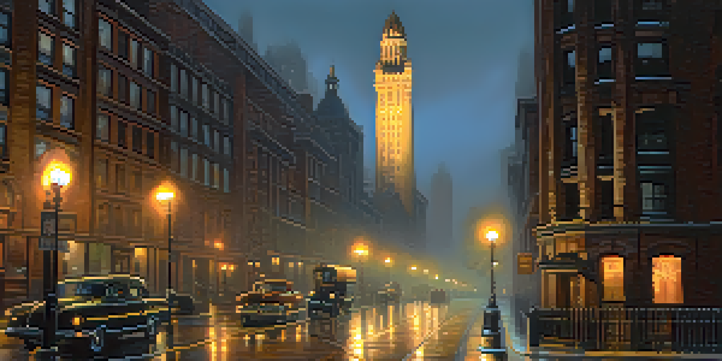 A spooky scene of a dimly lit Chicago street showcasing the historic Chicago Water Tower with ghostly figures and a cobblestone path.